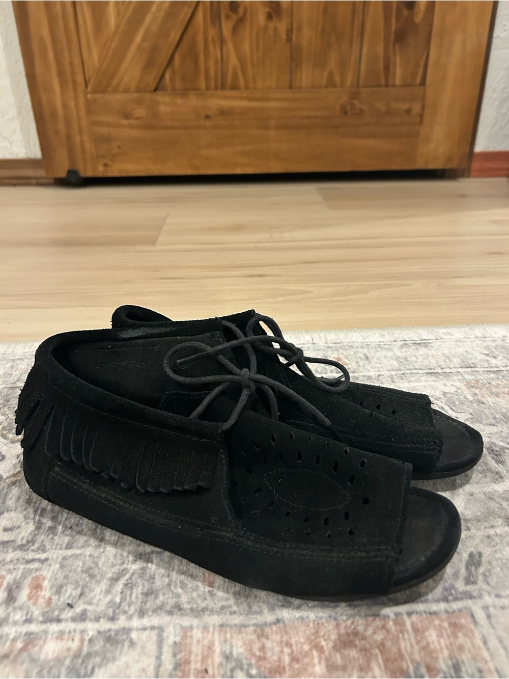Minnetonka Black Suede Fringe Lace-Up Women's Moccasins with Open Toe